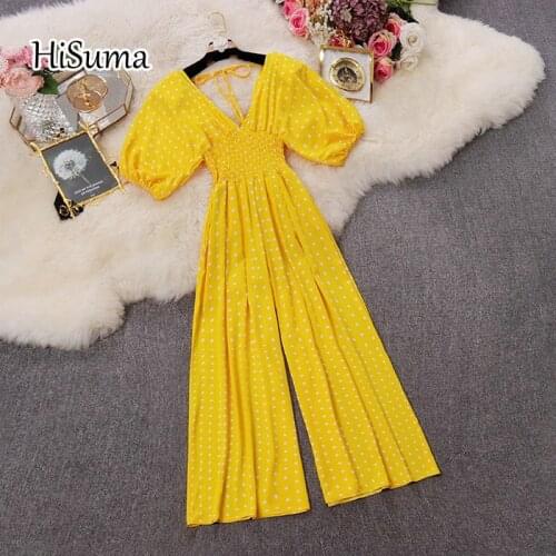 HISUMA summer new womens dot print deep V neck puff sleeve chiffon jumpsuit female V collar Wide leg playsuits women bodysuit
