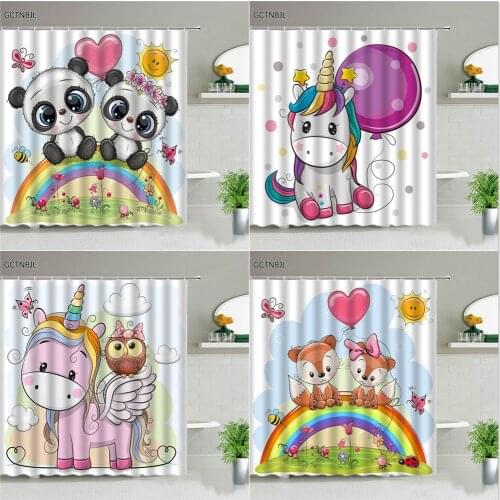 Unicorn Cartoon Animal Shower Curtains Set Panda Fox Penguin Elephant Owl Rainbow For Child Bedroom Bathroom Decor Kids Gifts