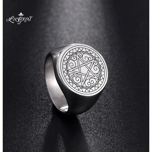 Supernatural Pentacle Stainless Steel Punk Mens Rings Talisman Powerful Pentagram Signet Big Size Finger Ring Men Accessories