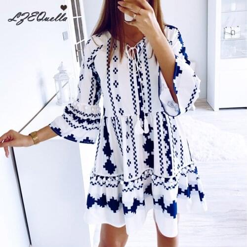 LZEQuella Fashion Boho Print Mini Shirt Dress Flare Sleeve Sashes High Waist A Line Dresses Holiday Beach Sundresses NZ3642