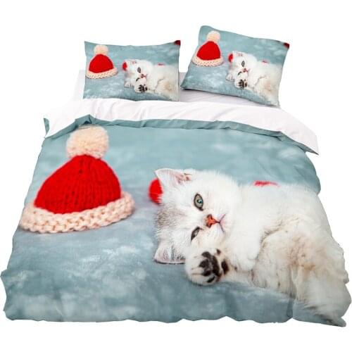 A Red Hat And A White Cat Pattern Duvet Cover 175x220 Pillowcase 3Pcs,228x228 Quilt Cover,white Blanket Cover , Bedding Set