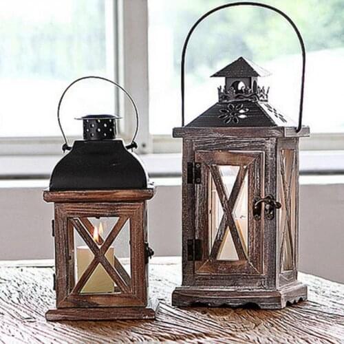 Retro Style Candle Holder Wooden Iron Art Lantern Hanging Decorative Candle Holder Fairy Party Wedding Home Desktop Decor