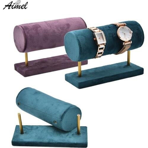 Fine Purple Velvet Watch Jewelry Organizer Stand Soft Round Wristwatch Chain Jewelry Storage Pillow Holder T Bar Bracelet Stand