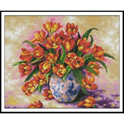 Oriental Vase Cross Stitch Patterns DIY Handwork Needlework Sets 14CT 11CT Counted Printed on Canvas Embroidery Kits Home Decor
