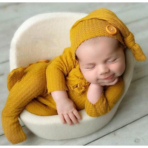 Newborn Photography Knitted One-piece Long Tail Cap Two-Piece Set European and American Newborn Photography Yellow Two-Piece Set