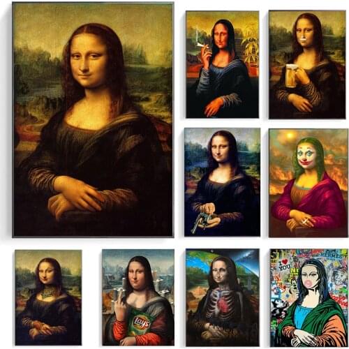 Funny Mona Lisa Drink and Smoking Posters Wall Art Canvas Print Pictures Da Vinci Famous Paintings for Home Living Room Decor