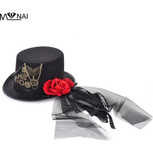 Dress Hats for Women Gothic Lolita Cosplay Red Rose Gear Chain Black Victorian Steampunk Top Hat