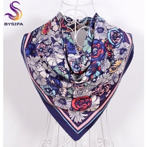 Ladies Daisy Large Square Scarves 2016 New 90*90cm Spring Autumn Matt Satin Scarves Fashion Accessories Navy Blue Silk Scarf