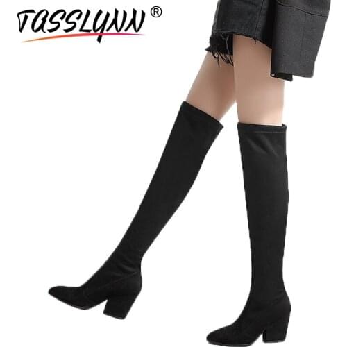 TASSLYNN 2020 Women Boots Thick high Heels Long Winter Boots Women Shoes Over The Knee Boots Pointed Toe Stretch Fabric Boots