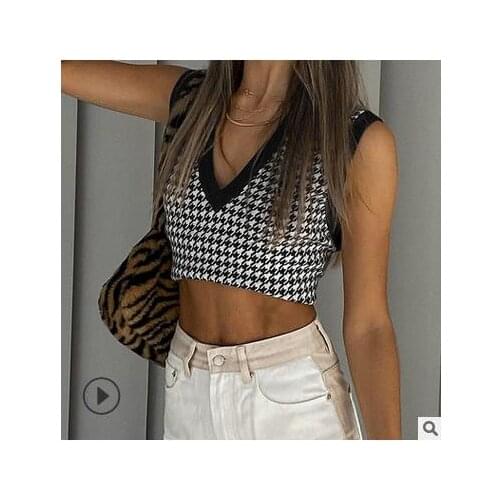 Women Sleeveless Crop Tops, Adults Summer Houndstooth Print V-neck Tank Tops (Black White)