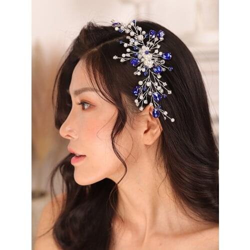 Romantic Blue Bridal Headband Crystal Pearl Korea Flower hair comb Elegant Women Wedding Accessories Hair for bride
