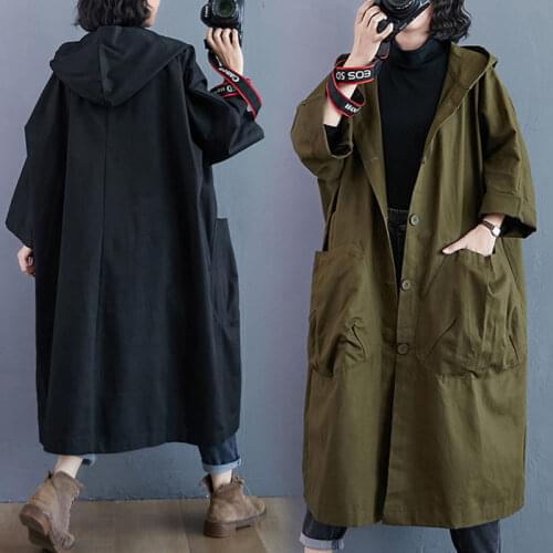 Oversized Womens Vintage Trench Coat Spring Autumn 2021 New Solid Color Hooded Female Casual Long Windbreaker aq035