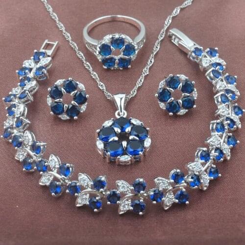 2020 New Blue Zirconia Womens Engagement Jewelry Sets Bracelet Necklace Pendant Earrings Ring YZ0384