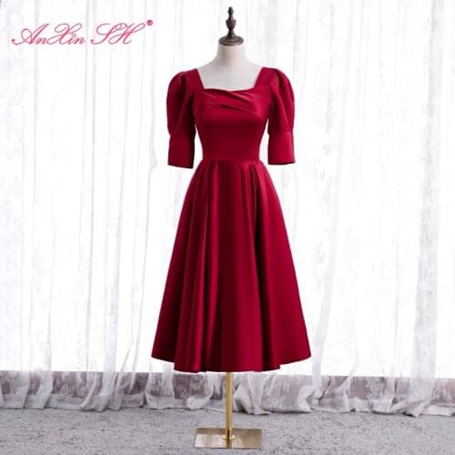 AnXin SH princess wine red satin evening dress vintage party sweetheart puff short sleeve a line bride lace up evening dress