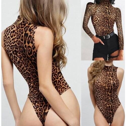 Sexy Leopard Bodysuit For Women Bodycon Turtleneck Bodysuits Skinny Body Suit Sleeveless Playsuit Printed Romper Jumpsuits
