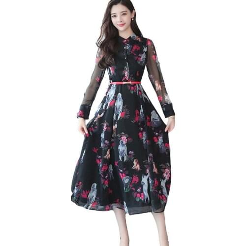 Womens Dress 2019New Spring Long-Sleeved Floral Chiffon Long Fashion Casual Slim Female High Waist Printed Dress Vestidos Q152