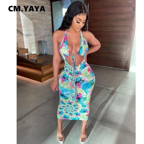 CM.YAYA Beach Tie Dye Print Halter Neck Womens Midi Dress Sexy Night Party Open Back Sleeveless Ribbed Bodycon Pencil Dresses