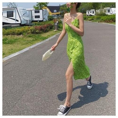 Women Dresses Summer 2021 French Retro Green Blue Floral High Waist Sling Split Long Dress Chiffon Dress Suspender Midi Dress