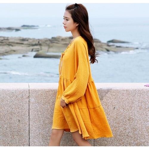 NEW Spring Summer women long sleeve dress,comfortable cotton linen dress ,black white pink red purple blue dress plus size M-7XL