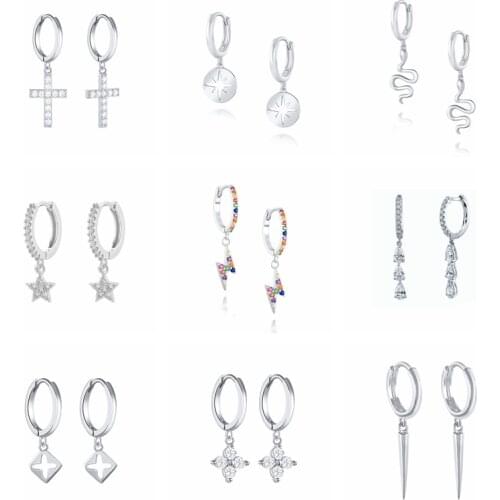 GS 925 Sterling Silver Heart Cross Pendant Dangle Earrings For Women Zircon Lightning Snake Charm Drop Earrings Party Jewelry