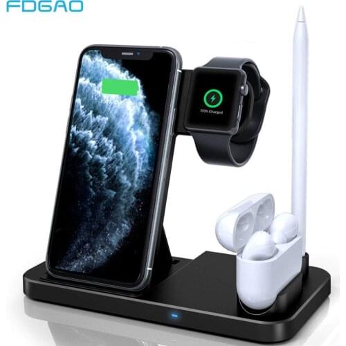 FDGAO 4 in 1 Qi Wireless Charger Stand 10W Fast Charging Dock Station For iPhone 12 11 XS XR X 8 Airpods Pro Apple Watch 6 5 4 3