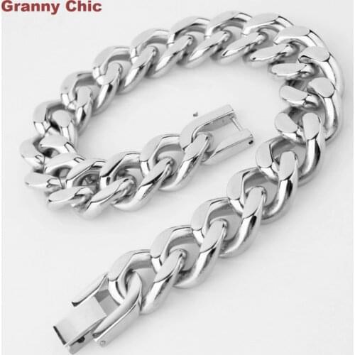 Granny Chic New Arrive Classi Mens Jewelry Silver Stainless Steel Curb Link Chain Bracelet 15mm9"