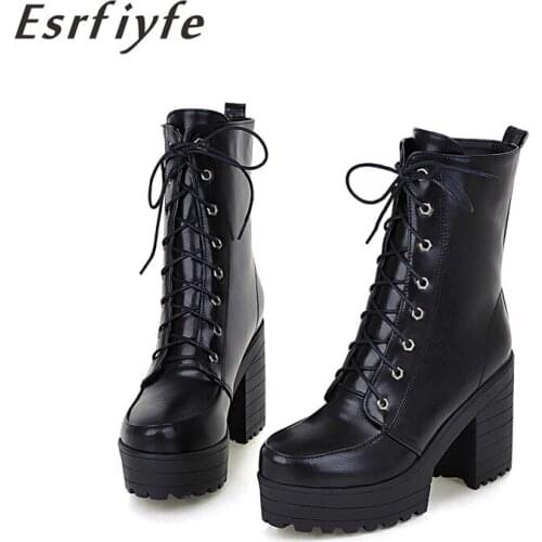 ESRFIYFE 2020 New Fashion Black Martin Boots Women Autumn Lace-up Microfiber Platform Shoes Woman Party Ankle Boots High Heels