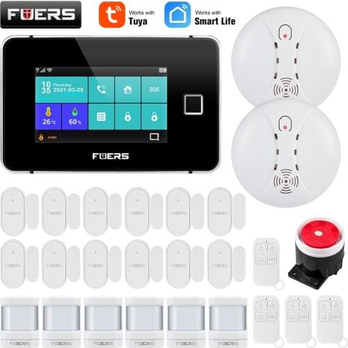 FUERS Tuya WiFi GSM Smart Home Security Alarm System Kit Wireless 433MHz Control Siren IP Camera IPR Motion Door Window Smoke