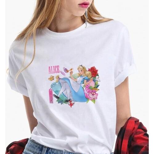 Fashion Women T Shirts Summer Short Sleeve Casual White Alice In Wonderland Disney Tshirts Print Harajuku T-shirts Graphic Tees