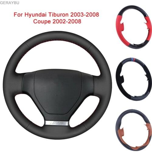 GERAYBU Custom DIY Black Artificial Leather Hand-sewn Car Steering Wheel Cover For Hyundai Tiburon 2003-2008 Coupe 2002-2008