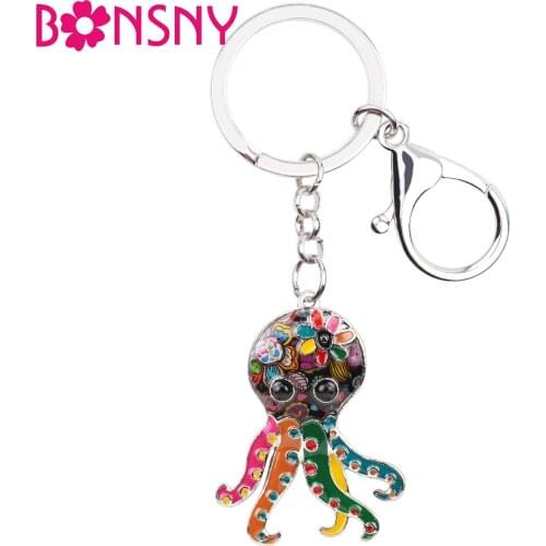 Bonsny Enamel Metal Octopus Key Chain Keychains Rings Handbag Bag Charms Fashion Ocean Animal Jewelry For Women Girls Gift Party