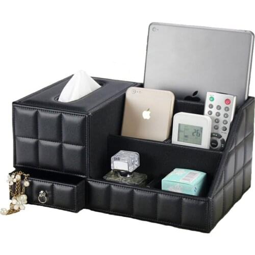 Multipurpose Desk Organizer Leather PU Vintage Office Desk Storage Box Black Classic Pencil Holder Stationery Collection Boxes