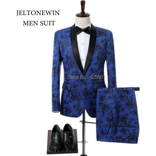 2020 Latest Coat Pant Designs Royal Blue Jacquard Men Suits With Pants Slim Fit Prom Tuxedo Print Wedding Groom Suits For Men