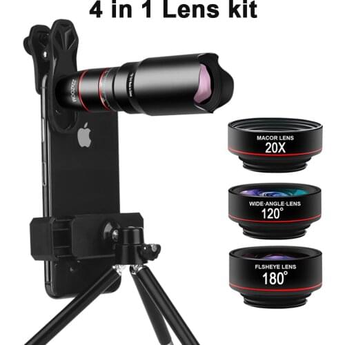 Phone Camera Lens Kit 4in1 Telephoto Zoom 22X Lens Telescope Monocular Wide Macro Fish eye Lens With Tripod Lens for Smartphone