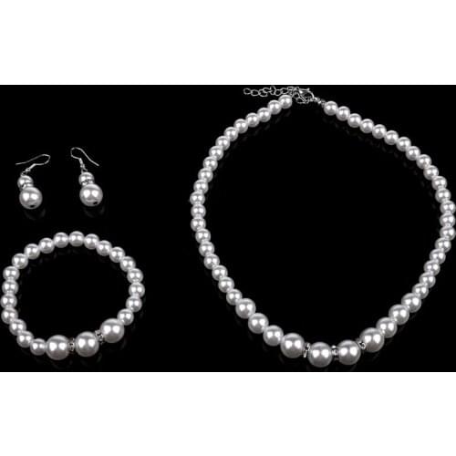 97QE Faux Pearl Diamond Crystal Necklace Earrings Bracelet Set Jewelry for Women Wedding