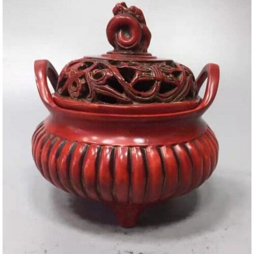 Chinese imitation red coral beast lid Incense burner crafts statue Incense Holder Incensory