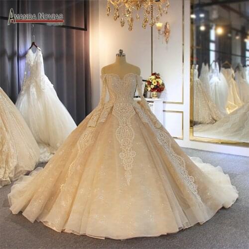 Luxury champagne color wedding dress with long train customer order color and sizes