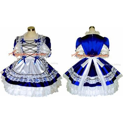 Sexy sissy maid satin blue dress lockable Uniform cosplay costume Tailor-made[G286]