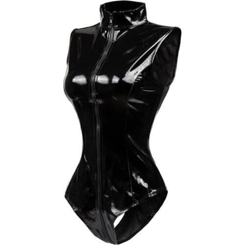 Black Crotch Zipper Sleeveless Sexy Spandex Bodysuit Leather Latex Catsuit PVC Jumpsuit Women Short PU BodySuit Clubwear