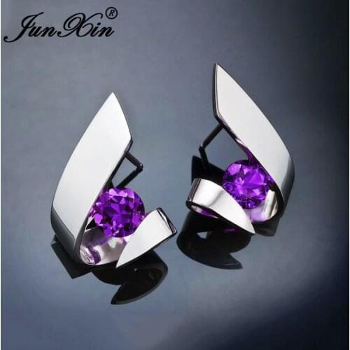 Irregular Purple Blue White Yellow Crystal Geometric Stud Earrings For Women White Gold Round Zircon Stone Earring Jewelry