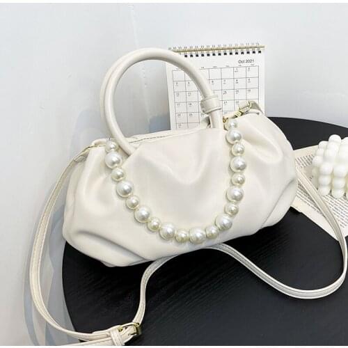 Small Leather Pleated Shoulder Bags for Women Pearl Tote Messenger Bag Pure Color Ladies Handbags Simple Designer Crossbody Bags