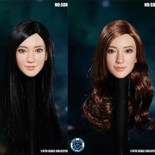 In Stock 1 /6 White Skin Asian Beauty Female Head Carved SUPER DUCK SDH022 Black Straight Hair Yellow Curly Hair