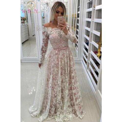 Full Sleeve Evening Dresses Lace Long Prom Gowns Off Shoulder Floor Length Ivory Lace Pink Boat Neck A Line Button Back Formal