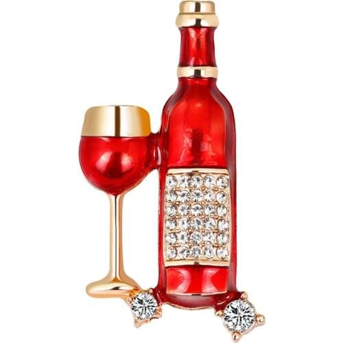 Alloy Red Wine Bottle Cup Brooches Metal Rhinestone Brooch Pin for Women Banquet Denim Jacket Badge