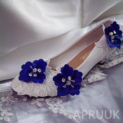 Royal blue flower wedding shoes bride handmade lace flower girls party dinner ladies proms dress 3CM tiny heel pumps shoes woman