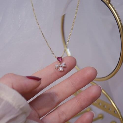 14K Gold Plated Fine Jewelry Pink Zircon Love Leaf Shape Exquisite Luxury Clavicle Chain Short Necklaces for Woman