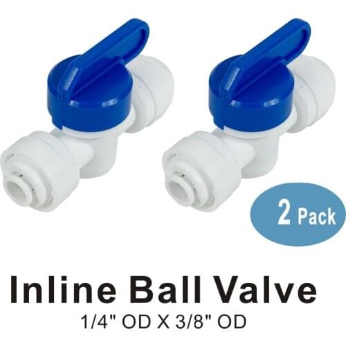 1/4" x 3/8" OD Equal Inline/On Off Ball Valve Quick Connector Fitting for Water Filters and RO Reverse Osmosis Systems - 2 PACK