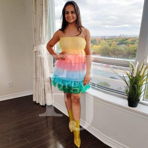 2021 Fashion Rainbow Party Dresses Custom Made Knee Length Zipper Back Ruffles Summer Dress Sweep Train Prom Evening Gowns