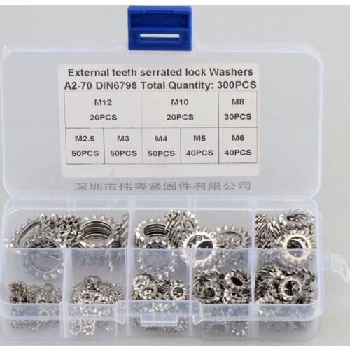 304 Stainless Steel Washers External Toothed Gasket M2.5-M12 Serrated Lock Washer Kit