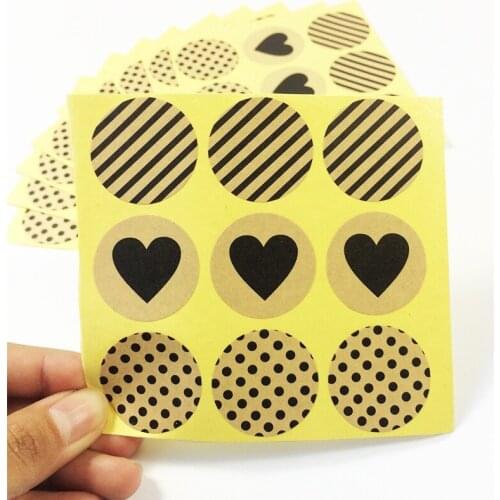 90pcs/lot Vintage Fashion Heart+Dots+Twill Series Round Kraft Paper Sticker For Handmade Products Gift Sealing label Sticker